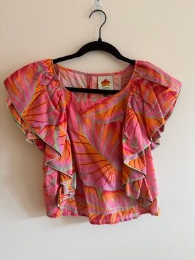 FARM Rio Pink Orange Tropical Ruffle-Sleeve Blouse